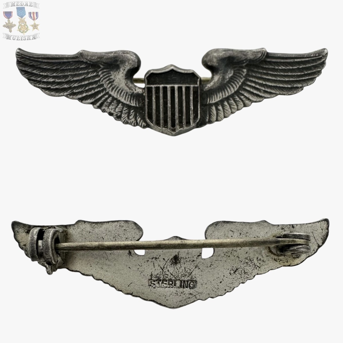 STERLING WWII U.S. ARMY AIR CORPS PILOT WINGS BADGE 1-1/2 STERLING WWII U.S. ARMY AIR CORPS PILOT WINGS BADGE 1-1/2