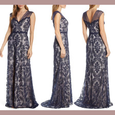 NEW 508 Tadashi Shoji 4 Gibson Corded Lace Embroidered Gown in Navy Q253