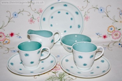 Original 50er Susie Cooper Bone China Pusteblume Kaffeeservice 2 Tassen Teller Kanne Schale