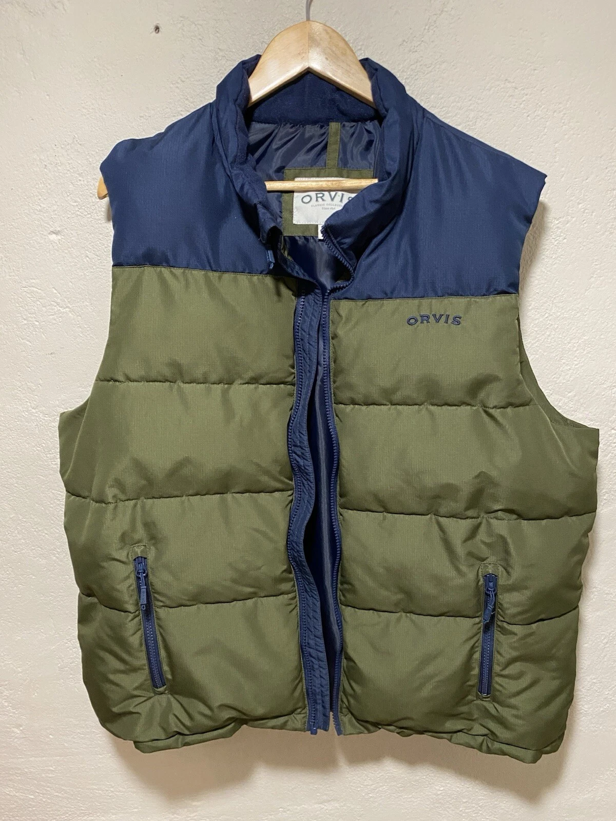 Orvis Puffy Insulated Hunting Fishing Zip Up Vest Green Navy Mens Large