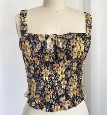 Sienna Sky Women's Smocked Crop Top Blouse Size M Black Yellow Floral Print