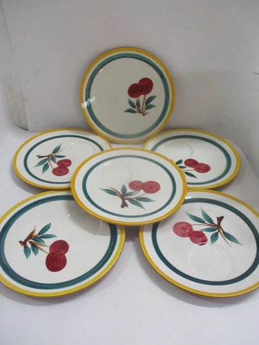 6 Stangl Apple or Cherry 8 Inch Picnic Plates With Cup Ring Mint