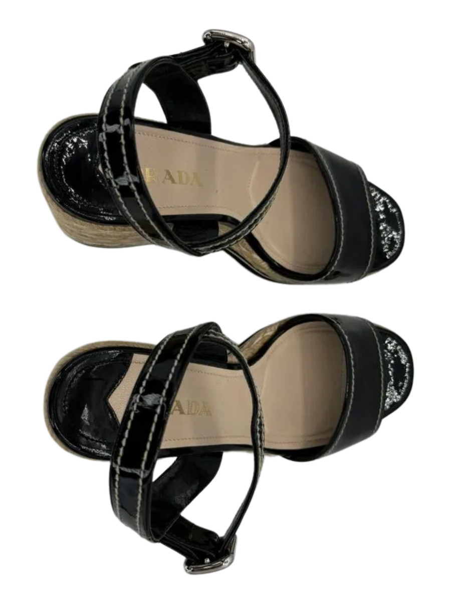PRADA Black Patent Leather Espadrille Wedge Ankle Strap Sandals image 5