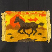 Vintage Running Horse and Sunset Latch Hook Rug Wall Hanging Completed 70s/80s
