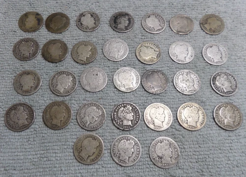 (31)  Barber 90% Silver Dimes Lot: 1897-1916 - Assorted Dates & Mints As Seen
