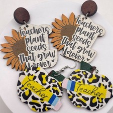 Teacher Appreciation Earring Set 2 Pairs Wood Sunflower Leather Leopard Apple