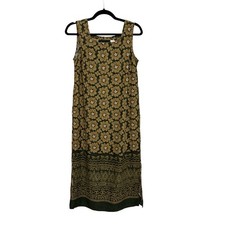 Vintage Sag Harbor Square Neck Tank Maxi Dress in Dark Green Tan Floral -Size 4P