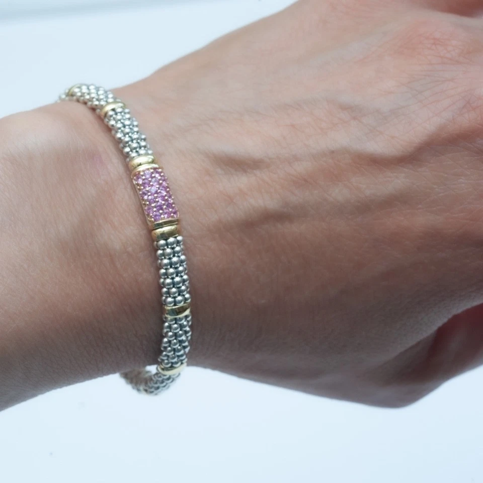 Nuevo Brazalete LAGOS Plata y Oro 18K Firma Caviar 6mm Zafiro Rosa Talla 7 Foto 2 de 4