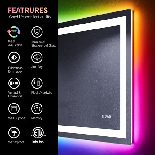 Apmir Frameless Dimmable RGB and LED Lighted Anti-Fog Bathroom Vanity Mirror in