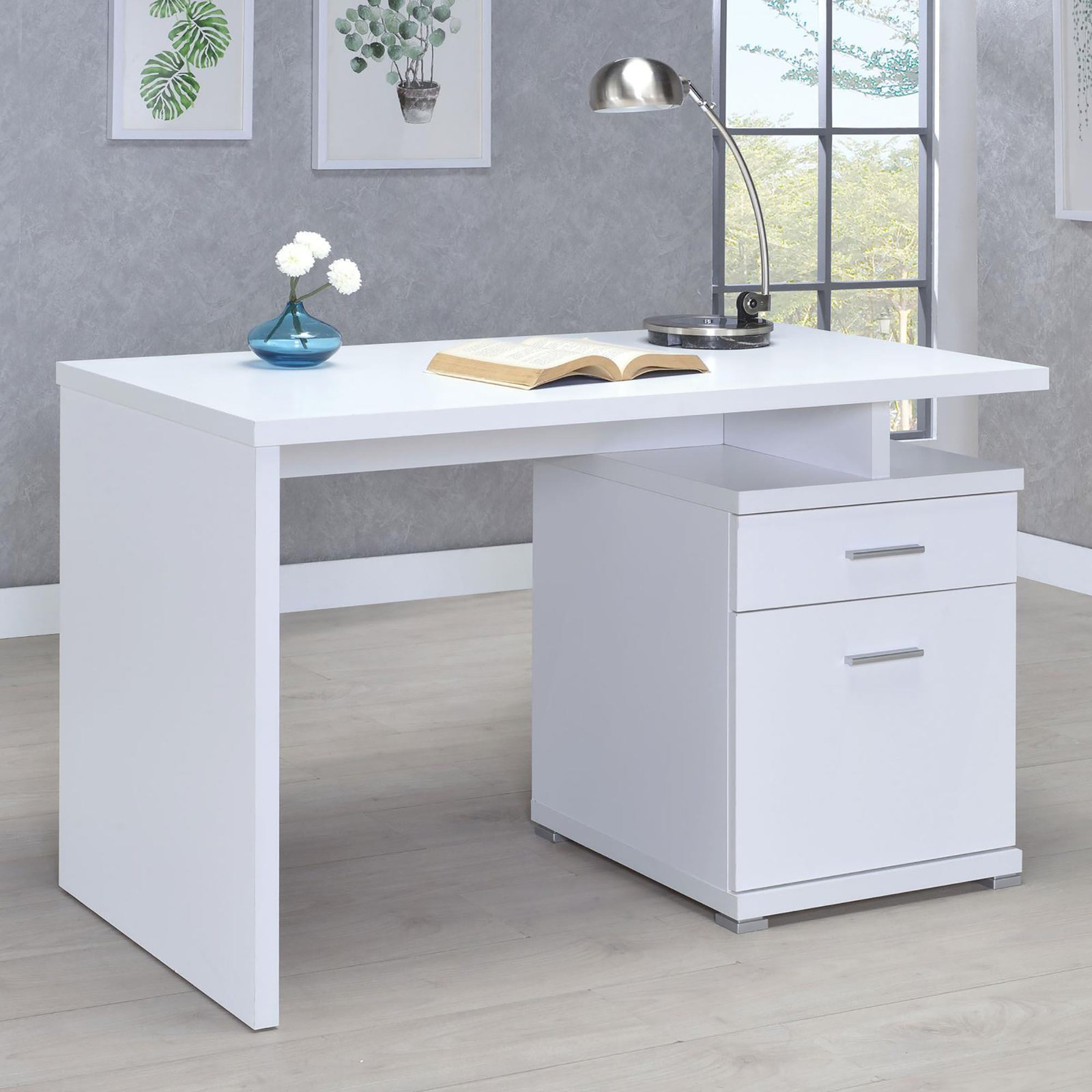 White Reversible 2-Drawer Office Desk with Versatile Storage and Modern Design