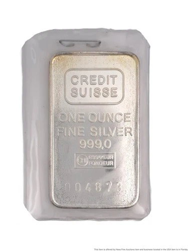 One Ounce Fine Silver Bar.999 Credit Suisse w/ Paper Certified Assayer 004873