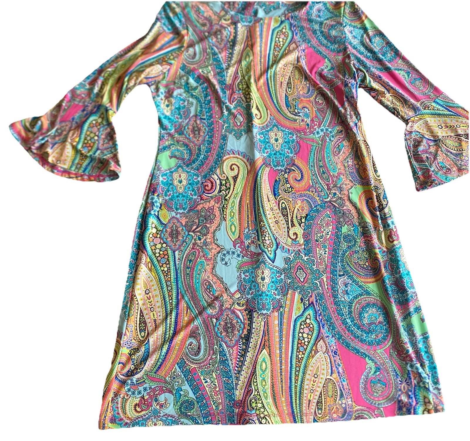 Tommy Hilfiger Paisley Bell Sleeve Boho Hippie Midi Sheath Dress Size 12