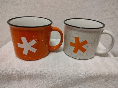 Two Lg Campfire Style Coffee Mugs Orange & White W/ Asterisk Design Black Trim