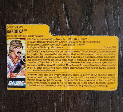 Bazooka Tiger Force 1988 G.I. JOE COBRA File Card Vintage Original