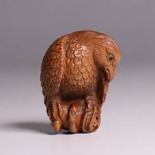 Japanese Wooden Bird & Monkey Netsuke 1.3inch Hand Carved Inro Ojime Figurine