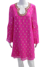Lily Pulitzer Women Pink Silk Kaftan Dress Long Sleeve Knee Length Size 10