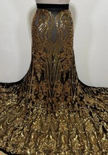 Gold Stretch Sequin Fabric 4 Way Black Stretch Mesh Width: 54" Sold By The Yard