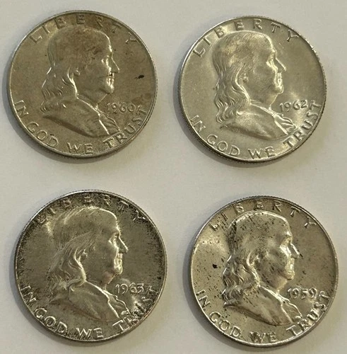 Franklin Silver Half Dollar Lot of 4 1959-63 AU Condition 1.44676 Ozt Of Silver