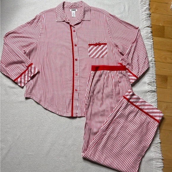 PINK Victoria’s Secret Red Candy Cane Christmas Stripe Velvet Trim Pajamas XL - Image 2 of 4