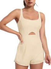 Womens Workout Romper One Piece Bodysuit Shorts Jumpsuit Gym Yoga Athletic Beige