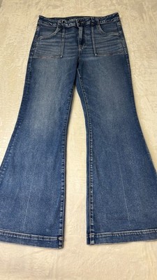 American Eagle Super Hi-Rise Flare Jeans Women's 14 Square Patch Pocket Blue