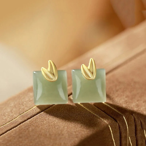 Jade Bamboo Leaf Earrings Ear Accessories Square Earrings Women Jewelry Gift - Picture 4 of 9