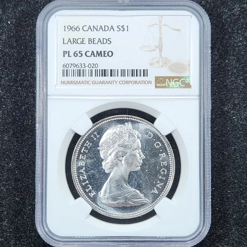 Prooflike Silver 1966 Canada $1 Dollar Large Beads | NGC PL65 Cameo