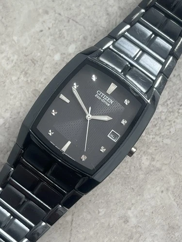 Citizen Eco Drive Tank Watch Vintage Black Silver Date Stainless Steel Solar