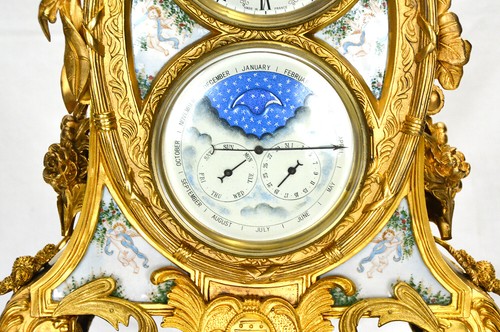 French Style 8 Day Painted Porcelain Gilt Bronze Moon Dial Calendar Mantle Clock - Picture 7 of 11