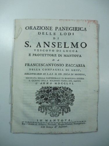 Francescantonio Zaccaria, Orazione panegirica delle lodi di S. Anselmo, 1756