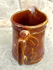 Antique Rockingham Pitcher Embossed Foliage Pottery Primitive