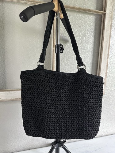 Lina Woven Crochet Black Shoulder Bag Purse Clean - Picture 2 of 12