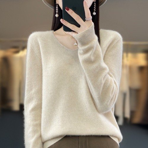 Wool Sweater Winter Women V-neck Loose Cashmere Underlay Sweater Knitted Sweater