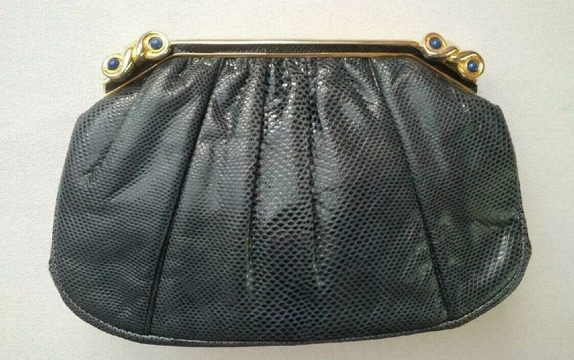 Vintage JUDITH LEIBER Navy Blue Lizard Shoulder Clutch Bag With