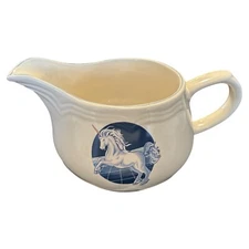 Vintage Tienshan Stoneware Fantasy Blue Unicorn White Gravy Boat Ceramic 8” Long