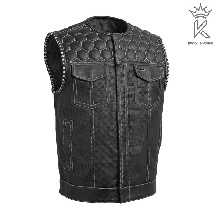 Black Perforated Leather Motorbike Vest White Honeycomb Stitching Design Vest