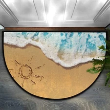 Half Round Door Mat Sea Waves Beach Theme Anti-Slip Semi Circle Rug 24X36 Ind...