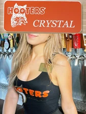 ~NEW~HOOTERS Girl Uniform Collectible Fun Pin Badge Orange Tag CRYSTAL NAME TAG