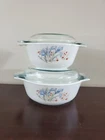 PYREX Blue Iris England Casserole Bowls Set Of 2  6.5" & 8” With Lids Vintage