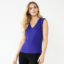 Nine West Kaitlin Dark Purple Ribbed V-Neck Tank Ruffle Sleeves Womens Large NWT