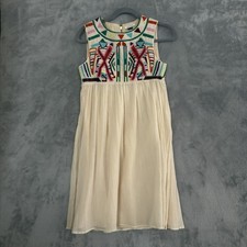Gryphon Anthropologie Dress Womens XS Beige Embroidered Empire Fit Flare