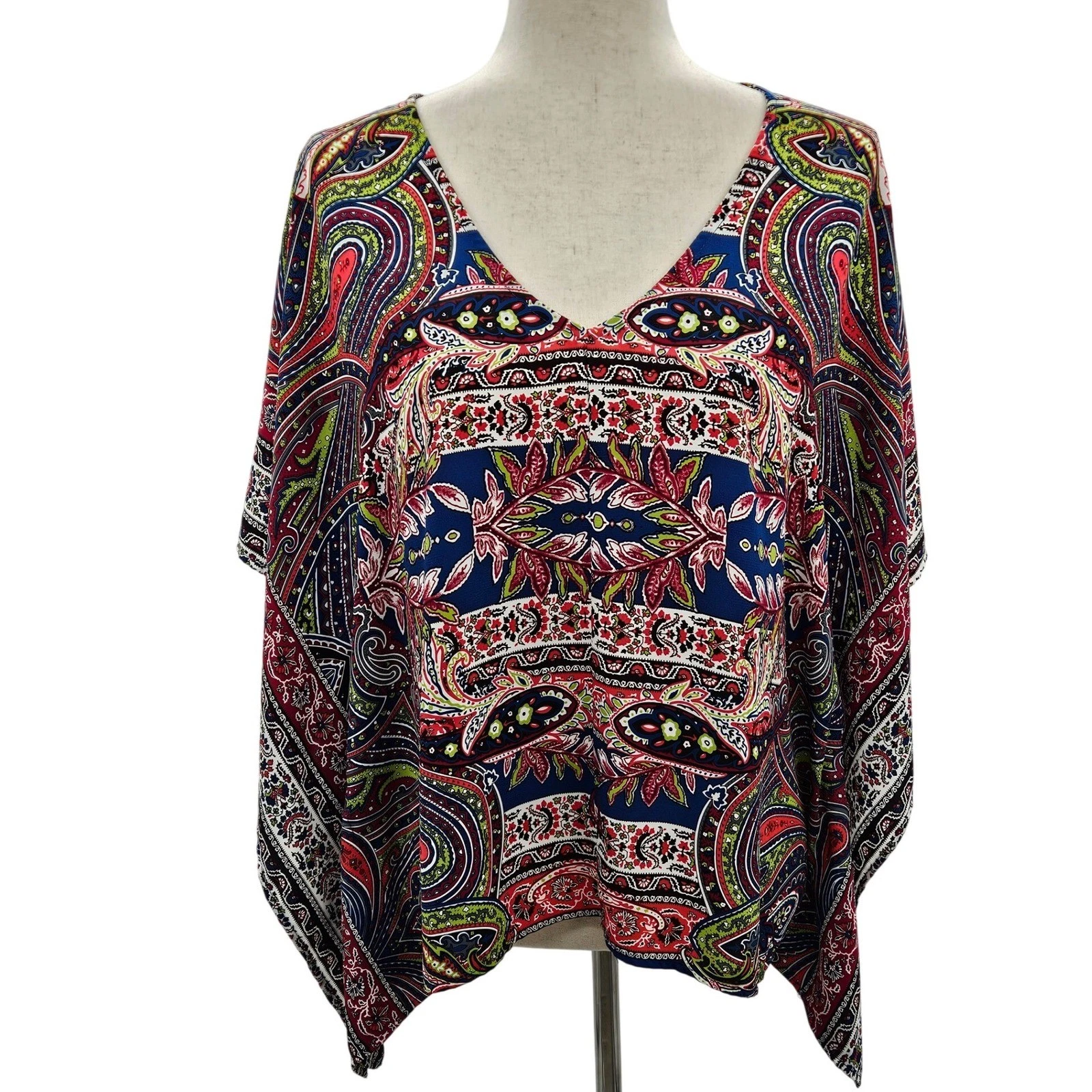Mi Ami Womens Small Paisley Poncho Blouse Blue Red Green V-Neck Made in USA