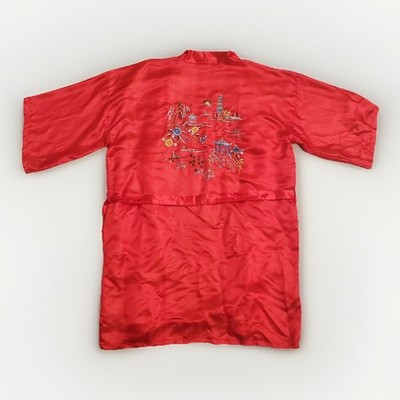 Vintage Ancient Dragon Yandu Embroidery Factory Red Silk Kimono Robe XL