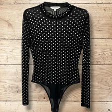 DAVI & DANI Mesh Sheer Rhinestone Long Sleeve Mock Neck Bodysuit Size XL Black
