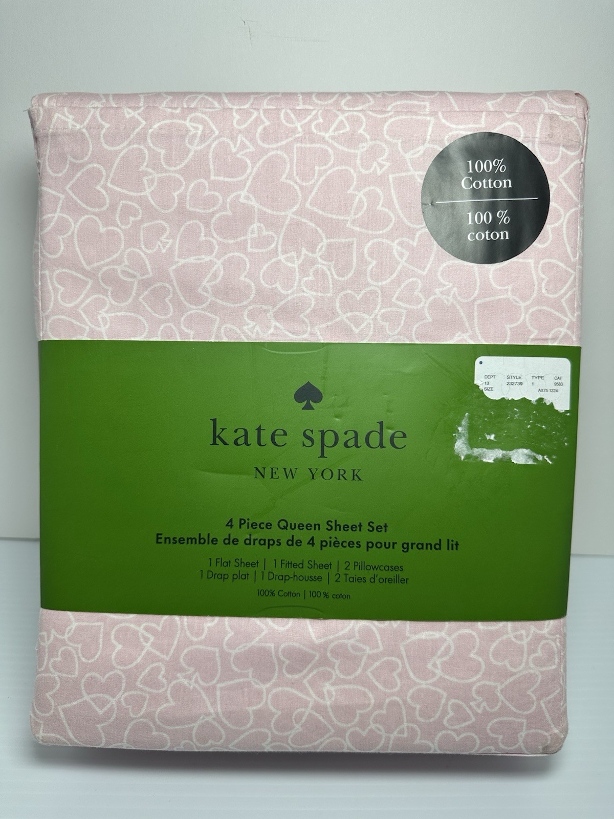 Kate Spade Queen Sheet Set 100% Cotton Percale Chalk Pink  Outline Hearts White