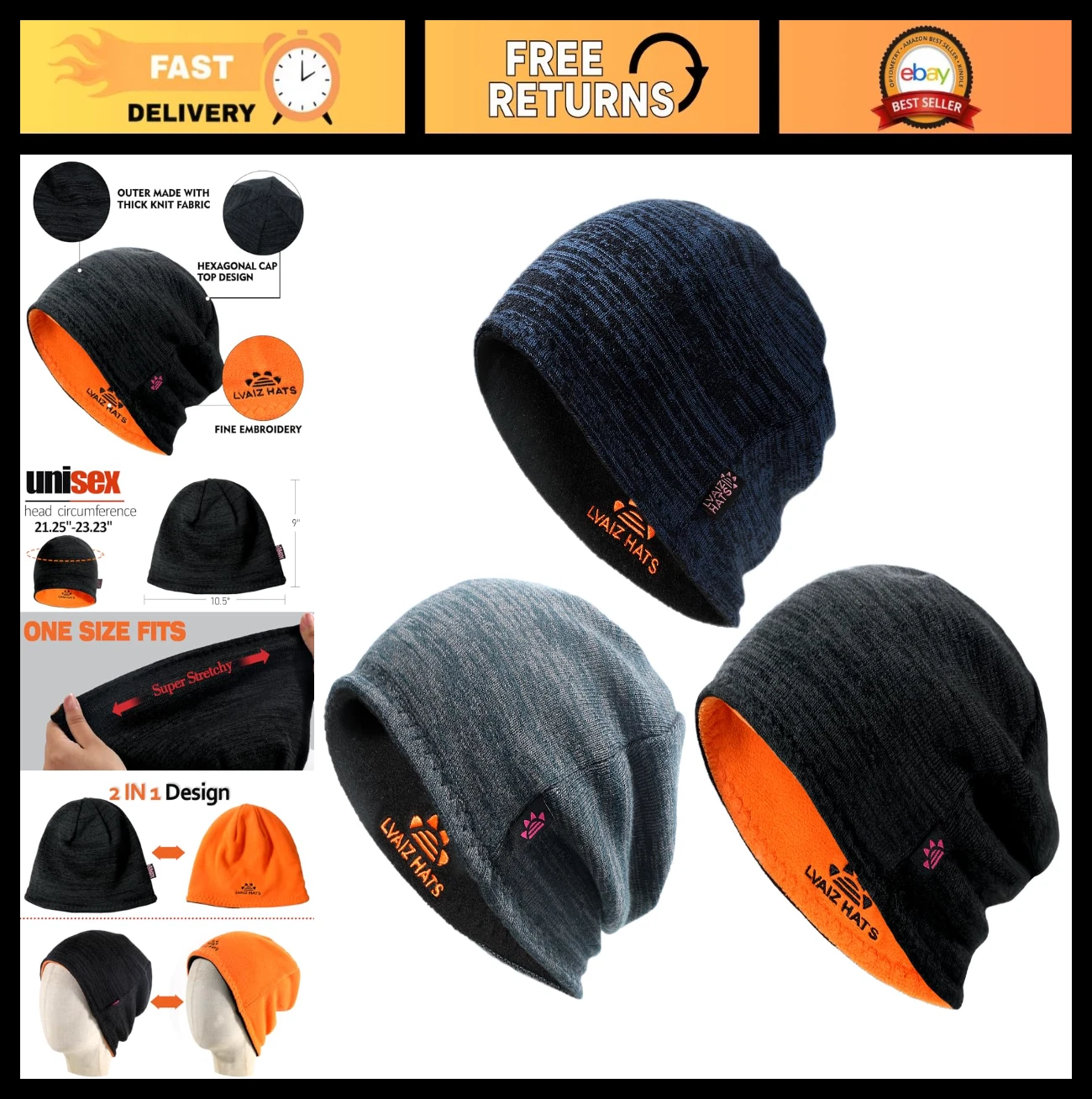 3-Pack Warm Reversible Fleece Beanie Hats for Men & Women, Windproof Knitted Cap