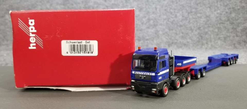 HERPA HO 1:87 151818 HOMBRE transporte pesado con excavadora y coche de persecución LARGO 12" IOB Foto 2 de 4