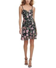 GUESS Floral Embroidered Dress Black Fit & Flare Sleeveless Size 4 Elegant