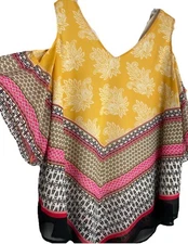 DR2 Daniel Rainn Blouse Top Womens Floral Cold Shoulder Handkerchief Hem Boho XL