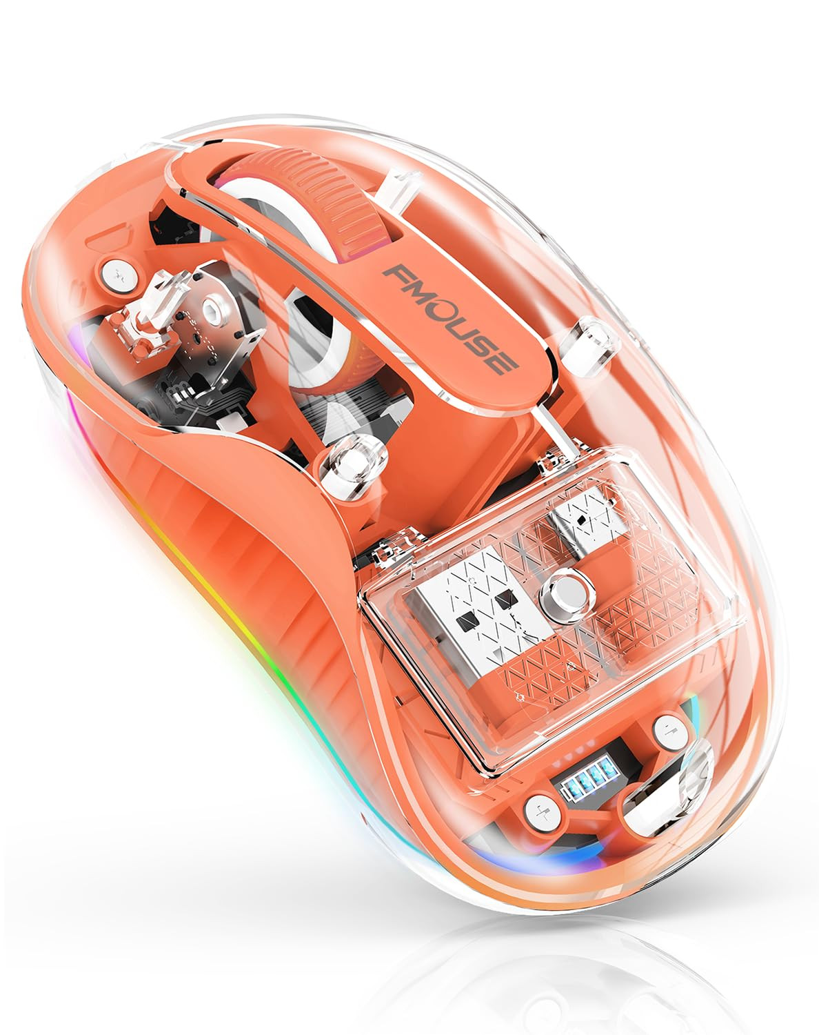 Transparent Wireless Mouse with Dual Bluetooth and 2.4GHz Connectivity for Multi-Device Support, USB-C Rechargeable, Ergonomic Design